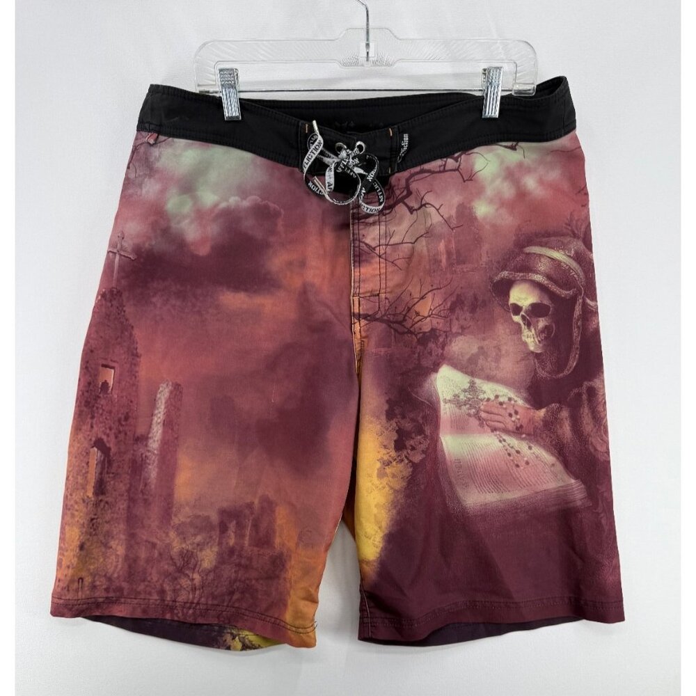 Affliction Board Shorts Mens 36 13" Swim Trunks Grim Reaper AOP Y2K Grunge